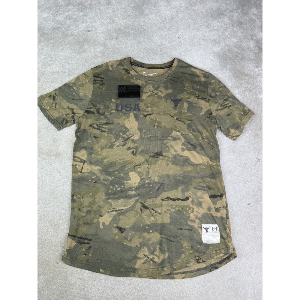Under Armour Freedom Project Rock T-Shirt Mens Large Green Camo USA Flag Patch